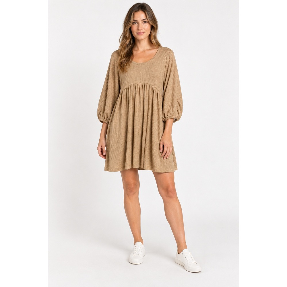 By Together + Collective Women's Small Tan Waffle Knit Babydoll Dress Made USA